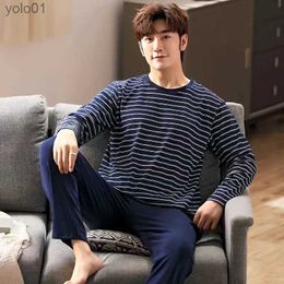 Men's Sleepwear New Arrival Pyjamas Men's Cotton Long-sled Striped Spring and Autumn Men's Teen Winter Homewear 2-Piece SuitL231202