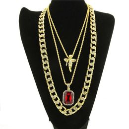 Mens Hip Hop Necklace Ruby Pendant Necklaces Fashion Cuban Link Chain Jewelry 3Pcs Set260D