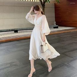 Casual Dresses 2023 Spring Style Gentle Chiffon Summer Sundress Maxi Shift Dress White Elegant Fairy Chic Skirt Female For Women