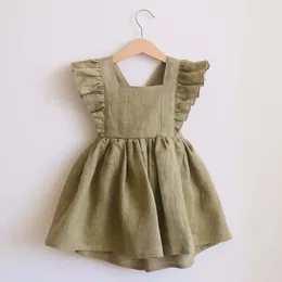 Girl Dresses France Infant Baby Girls Cotton Dress Linen Muslin Sleeveless Ruffle Decoration Fashion Clothing Square Collar Girl's