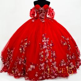 Gorgeous Red Sweetheart Appliques Lace Off The Shoulder Quinceanera Dress 2024 Ball Gown Sweep Train Tulle Princess Party Prom Dress