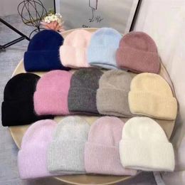 Berets Winter Real Fur Angora Wool Fashion Skull Beanies Hats Women Acrylic Bonnet Folding Thick Stretch Warm Cap