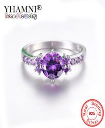 YHAMNI Trendy Gemstones Solid Silver 925 Jewelry Purple Crystal Rings For Women Luxury Amethyst Ring Cocktaill R1999091015