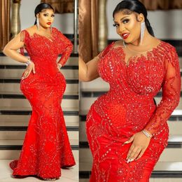 2023 Plus Size Aso Ebi Prom Dresses Mermaid Long Sleeves Jeewel Tulle Birthday Party Dress for Black Girls Second Reception Gala Sparkling Evening Gowns ST565
