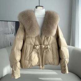 Women s Vests Lagabogy 2023 Winter Women White Duck Down Jacket Short Warm Puffer Coat Female Big Real Fur Collar Luxury Parkas Outerwear 231201