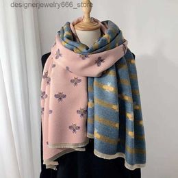 Scarves New luxury brand double-sided scarf women winter warm cashmere shawl scarf animal bee printing soft thin blanket gift Q231202