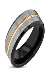 8mm Matte Finish Silver Brushed Black edge Tungsten Rings Gold Stripe Men039s Wedding Band Ring Size 6138916494