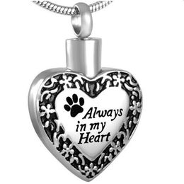Always In My Heart Love Urn Necklaces Heart Pet Cat Dog Paw Print Memorial Cremation Ashes Holder Keepsake Stainless Steel Jewelry238o