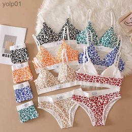 Bras Sets Fashion Print Bra Set Women Low Waist Panties Leopard Sexy Bralette Set V-neck Sport Lingerie Fe Cotton Underwear Set 6ColorL231202