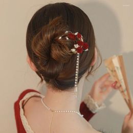 Hair Clips Red Rose Tassel Hairpin U-shaped Children's Ancient Chinese Style Bridal Toast Dress Hairwear Accessories For Women