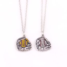 ZO2 zinc alloy crystals Baseball or Softball Ball and Glove Pendant with wheat link leather rope snake chain lobster clasp neckla176A