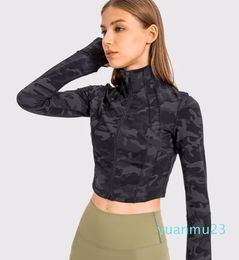 ll Women Zipper Jackets Women Short Crop Jacket Top Run Sports Jacket Finger Hole Long Sleeve Stand-up Collar Yoga Ja