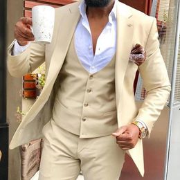 Men's Suits Hand Made Slim Fit Casual Men 3 Piece Beige ( Jacket Pants Vest ) Male Fashion Wedding Formal Dress Tuxedo For Groomsmen