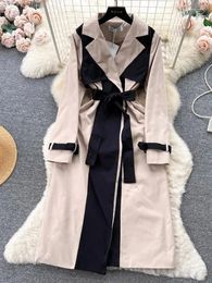 Women's Trench Coats 2024 Fashion Korean Colorblock Long Coat Notched Sleeve Open Lace Up Belt Streetwear Windbreaker Outerwear