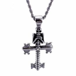 Punk Evil Skull Pendant Necklaces For Men Stainless Steel Cross Chain Gothic Biker Jewellery Accessories339d