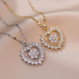 Pendant Necklaces Bridal Luxury Big Heart Flower Stainless Steel Chains For Women Round White Zircon Engagement Choker Jewelry