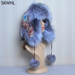 Trapper Hats Winter Fur Hat for Women Hat with Ear Real Fox Fur Caps Russian Women Bomber Hats Bonnets Trapper Cap Camo Wholesale 231201