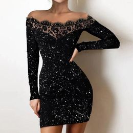 Casual Dresses Women'S Fashion Glitter Contrast Mesh Dress Temperament Turtleneck Long Sleeve Party European American Slim Waist Gowns