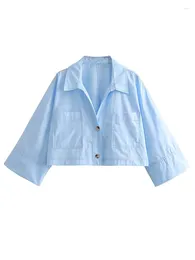 Women's Blouses Bazaleas Official Store Blue Short Summer Chic Lapel Single-Breasted Nine Quarter Pockets Shirt Tops For Women