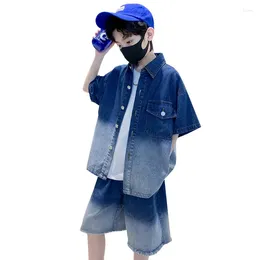 Clothing Sets Boys Clothes Summer Fashion Lapel Tie-dye Print Denim Top Elastic Waist Raw Edge Design Shorts 2pcs Casual Outfits 4-14 Yrs