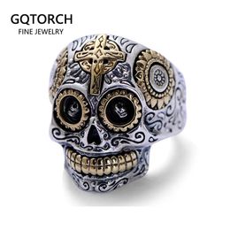 Real Solid 925 Sterling Silver Sugar Skull Rings For Men Mexican Rings Retro Gold Color Cross Sun Flower Engraved Punk Jewelry J01190O