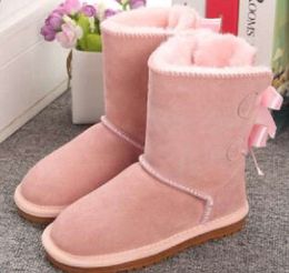 UG G Kids Bailey 2 Bows Boots Boys And Girls Winter Shoes Thick Leather Bow Tube Children Snow Boot Cotton Ankle EU21-35