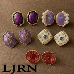 Stud Earrings 2023 Vintage Earring Colorful Enamel Drop Oil Purple Flower Rhinestone Pearl Metal For Women Jewelry