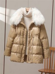 Women's Down Parkas Fitaylor Winter Women Faux Lamb Wool Collar Lapel Drawstring Coat Lady Casual White Duck Midi Puffer Parka Outwear 231202