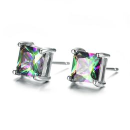 6 Pairs 1Lot Luckyshine Thanksgiving Gift Square Mystic Topaz Cubic Zirconia Gems 925 Silver Stud Earrings Russia Canada Wedding S217V