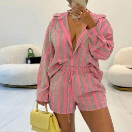 Women's Tracksuits Casual Women Long Sleeve Shirt Outfits Sports Lady Tie-up Shorts Suit Homewear Fashion Leisure Loose Striped Print Two