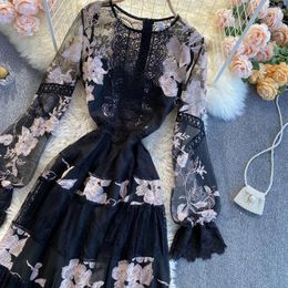 Casual Dresses Mesh Patchwork Pink Floral Embroidered Vestidos 2023 Summer Women Hollow Out Long Flare Sleeve One-Piece Maxi Dress