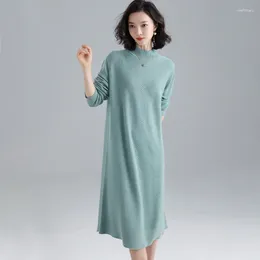 Casual Dresses Women Wool Dress 2023 Autumn Winter Knitted Long Sleeve Half Turtleneck Lady Sweater