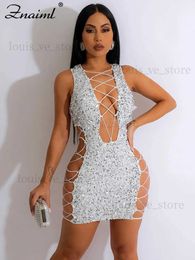 Urban Sexy Dresses Znaiml Elegant Sparkly Sequined Evening Party Club Mini Dress Women Cloting Luxury Hollow Out Lace-up Bodycon Birthday Vestidos T231202