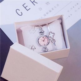 Korea Popular Watch Suit Silver Gold Bracelet Chain Lucky Ciover-A and Triangle Cuff Bangle Pink Watch Face214b