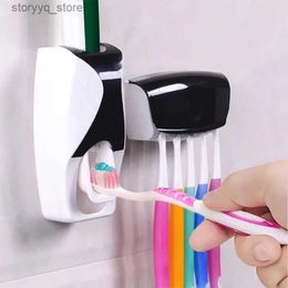 Toothbrush Holders 2PCS Automatic Toothpaste Dispenser Wall Mount Dust-proof Toothbrush Holder Wall Mount Bathroom Accessories Set Squeezer Q231202