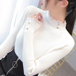 Women's Sweaters Lucyever Lace Ruffles Collar Women Sweater Fashion Patchwork Slim Fit Knitting Jumper Elegant Long Sleeve Knitwear Top