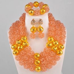 Necklace Earrings Set Peach Colour Crystal Ball Bead Costume African Jewellery Nigerian Wedding