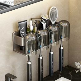 Toothbrush Holders Punch Free Wall Mounted Electric Toothbrush Holder Toothpaste Beard Razor Cup Storage Hook Bathroom Accessories Set Organiser Q231202