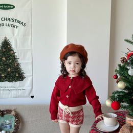 Christmas Little Girls red sweater cardigan new years toddler kids knitted hollow lapel long sleeve outwear baby pompon applique shorts Z5713