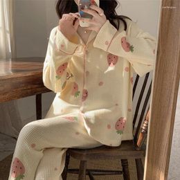 Women's Sleepwear Waffle Pyjamas Suit Women Autumn Winter Cute Strawberry Youth Cotton Home Kawaii 2 Piece Set Long Sleeve Casual