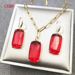 Necklace Earrings Set 4 Colours Clear Coloured Rectangle Glass Pendant For Women Stainless Steel Chain Fashion Jewellery Accessories