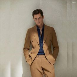 Men's Suits Khaki For Men Elegant Blazer Peaked Lapel Double Breasted Formal Business Outfits 2 Piece Jacket Pants Tailor-made 2023