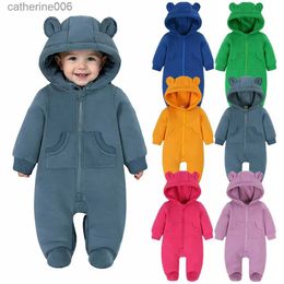 Clothing Sets 2023 Newborn Baby Winter Warm Romper Solid Pocket Hooded Bear Thick Clothes 0-24M Infant Korean Boy Girl Outfits BodysuitL231202