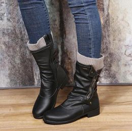 Boots Women Mid-Calf Autumn Winter Female Casual Shoes Flat Fashion Platform Round Toe Zip Solid Plus Size 35-43 Short Botas