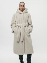 Women's Fur Faux RR2833 XLong Coats With Hood Winter Warm Fake Mink Jackets Snap Buttons On Front Women Jacket Belt Waist 231201