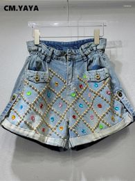 Women's Jeans CM. Women Fashion Crystal Beading High Stretch Waist Pocket Front Flare Shorts 2023 INS Street Denim