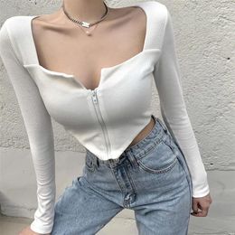 Women's Knits Sexy Girl Low-Cut Crop Tops Women Fashion Irregular Zipper Thin Cardigan Woman Korean Summer Long Sleeve T-Shirts