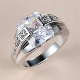 Trendy Male Female White Crystal Stone Ring Charm Silver Color Wedding Ring Classic Square Zircon Engagement Rings For Women Men275x