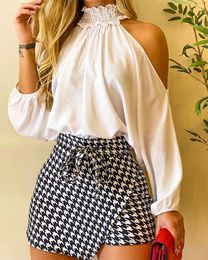 New Women Frill Hem Shirred Neck Cold Shoulder Top Houndstooth Wrap Tie Front Shorts Set Sexy Bodycon Skirts Two Piece Suit