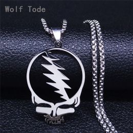 Grateful Dead Skull Stainless Steel Chain Necklace for Men and women Silver steel Colour hollow round pendant Necklaces Jewellery Cadenas Mujer bijoux wholesale